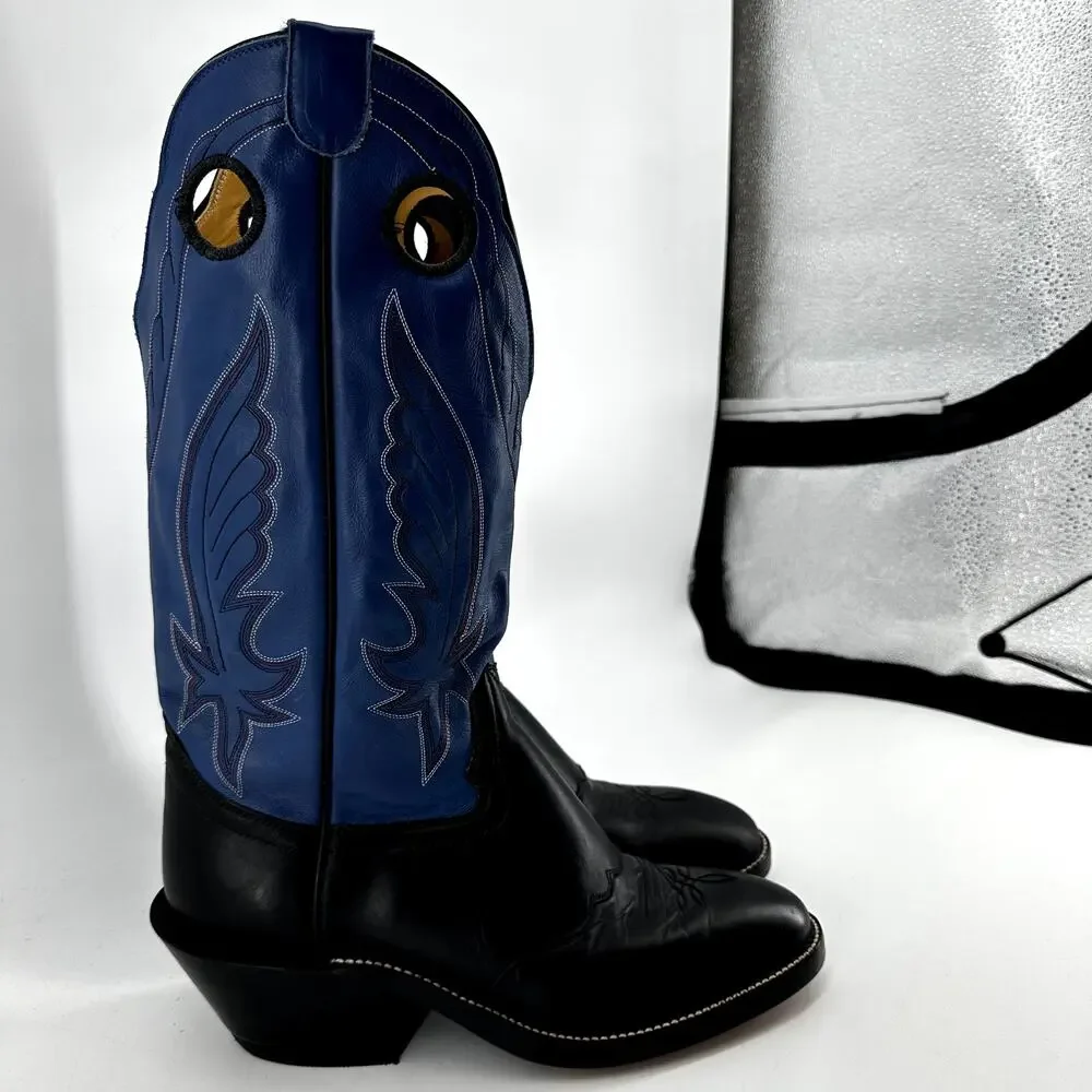 Honcho Buckaroo Cowboy Boots Leather USA Heeled Colorblock Blue Black 10D